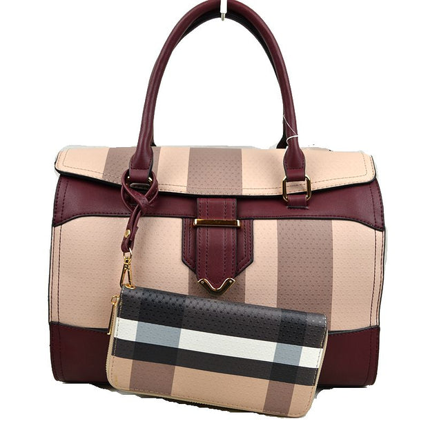 Plaid Satchel Handbag with burgundy accents and matching wallet. 