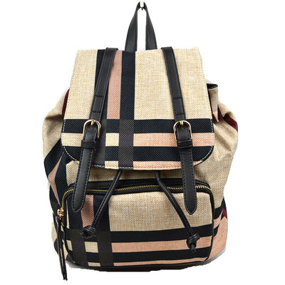 Beige and Black Plaid Linen Backpack