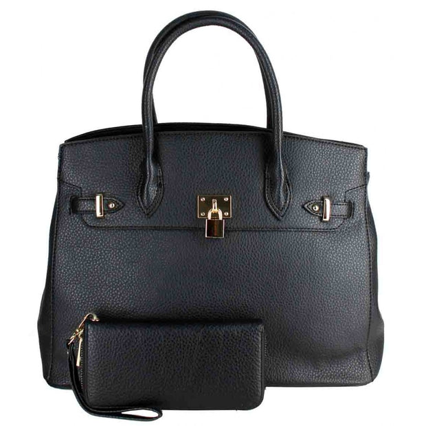 Lexi Two Tone Satchel with Decorative Lock, Includes Matching Wallet