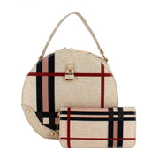 Plaid Round Satchel with lock, matching wallet