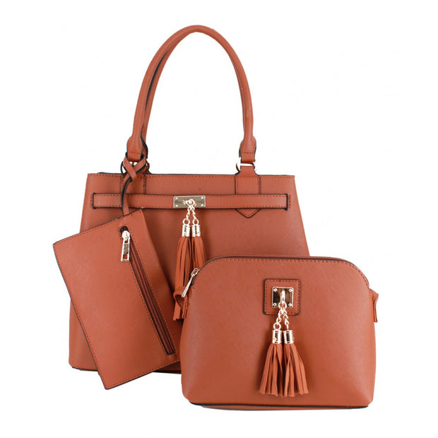 Brown Satchel 3 Piece Set, Wristlet, Crossbody