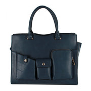 Black Tote with 3 exterior pockets.  Vegan Leather.