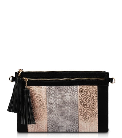 Multicolor Gold and Silver Clutch and Crossbody with fringe.