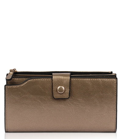 Bronze button wallet with zippered compartments. Vegan Leather.