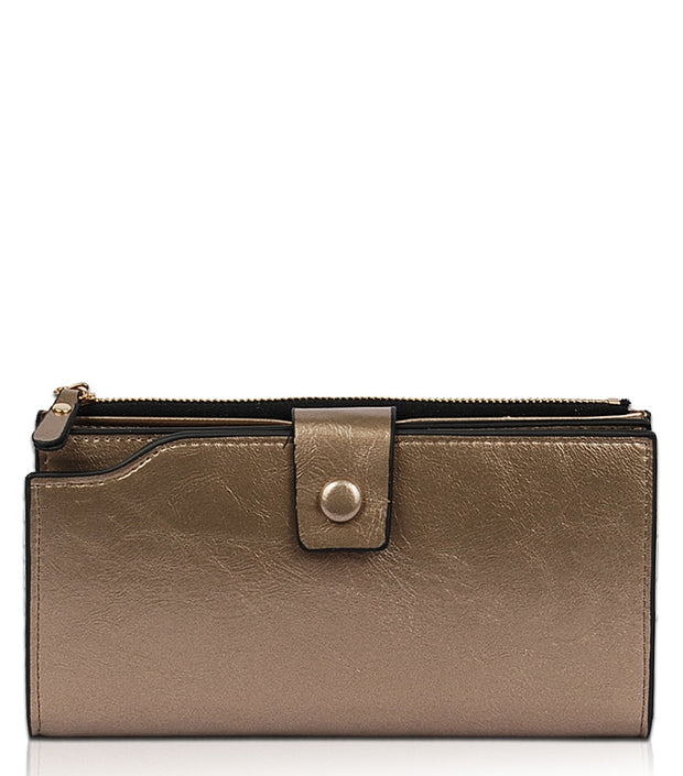 Bronze button wallet with zippered compartments. Vegan Leather.