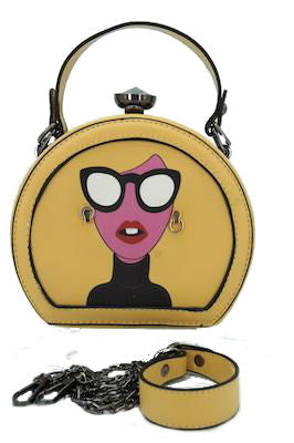 Face with Glasses Handbag, Yellow, Black. With Studs and Rhinestone knob. 